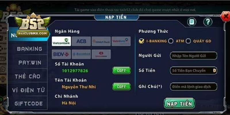Người chơi điền thông tin nạp tiền qua ngân hàng đầy đủ Người chơi điền thông tin nạp tiền qua ngân hàng đầy đủ